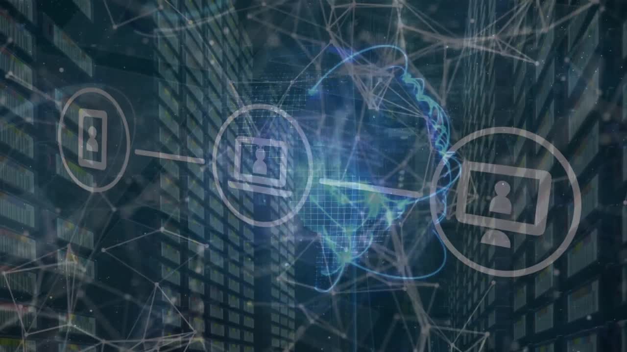 animación de formas e iconos de medios en la sala del servidor