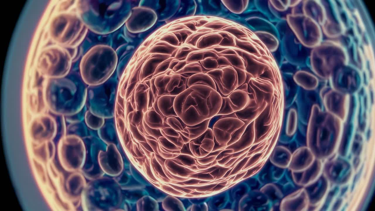 Close-up video still of cells under a microscope, showcasing a vibrant, glowing nucleus