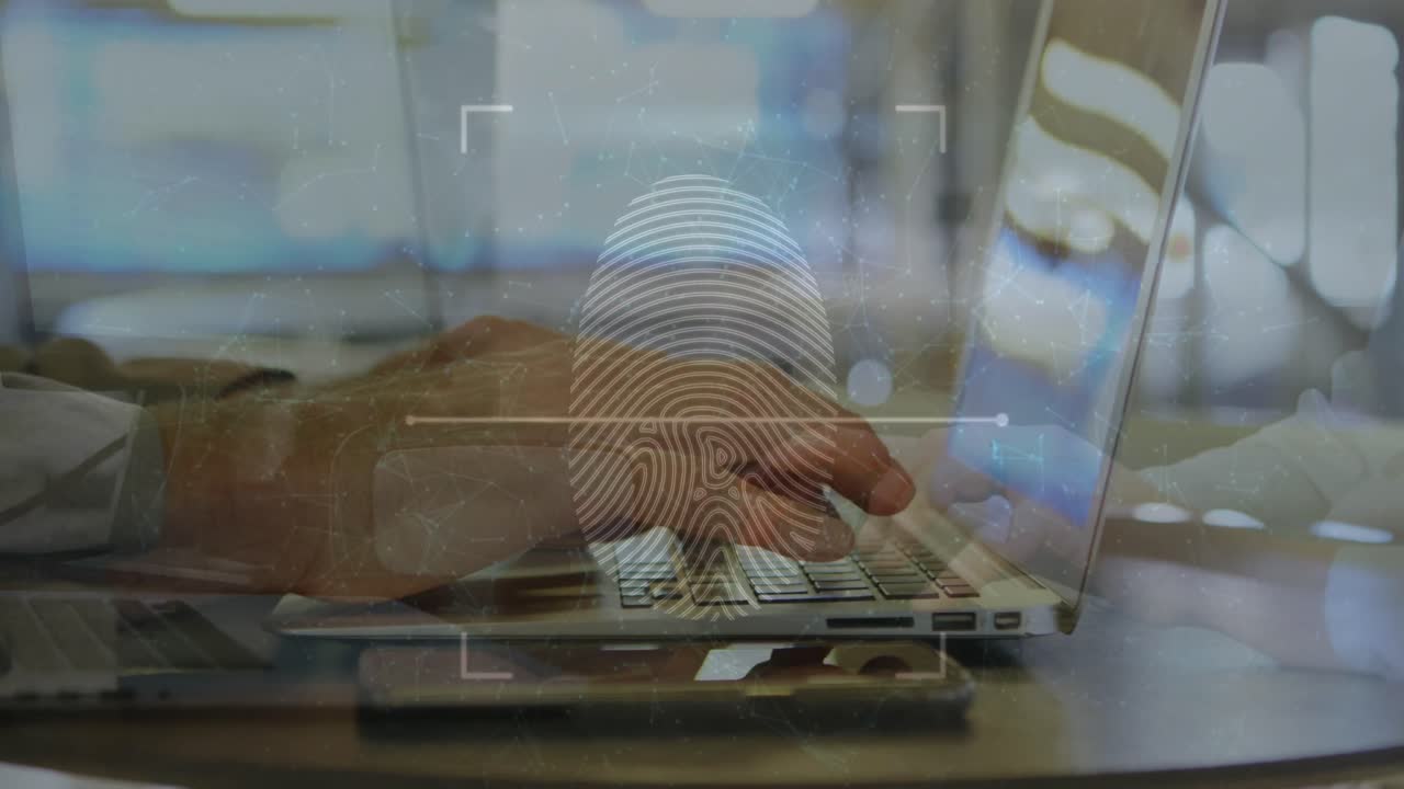 Animation of fingerprint and connected dots over cropped hands of caucasian man using laptop