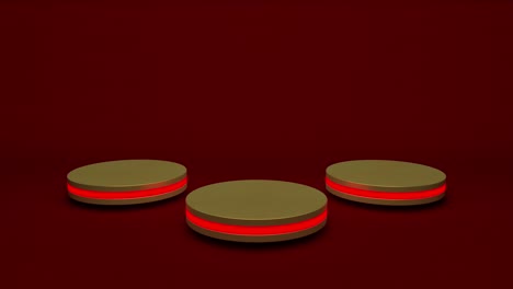 el soporte de producto dorado es un pedestal futurista o de podio en una pantalla vacía que crece con una luz intermitente con telón de fondo rojo. renderización 3d. bucle sin costuras.