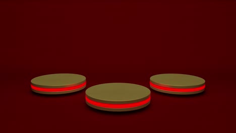 golden product stand futuristic or podium pedestal on empty display growing flashing light with red backdrops. 3d rendering. seamless loop.