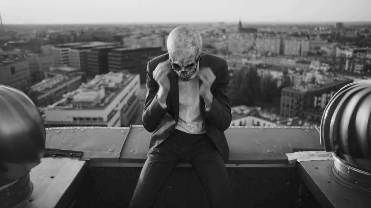 Skull-Masked Figure on a Black and White City Rooftop