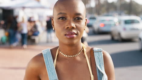 black woman, face and chewing bubblegum in city