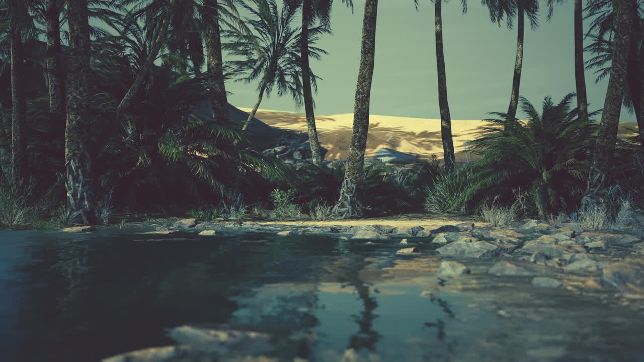 escena colorida con una palmera sobre un pequeño estanque en un oasis del desierto