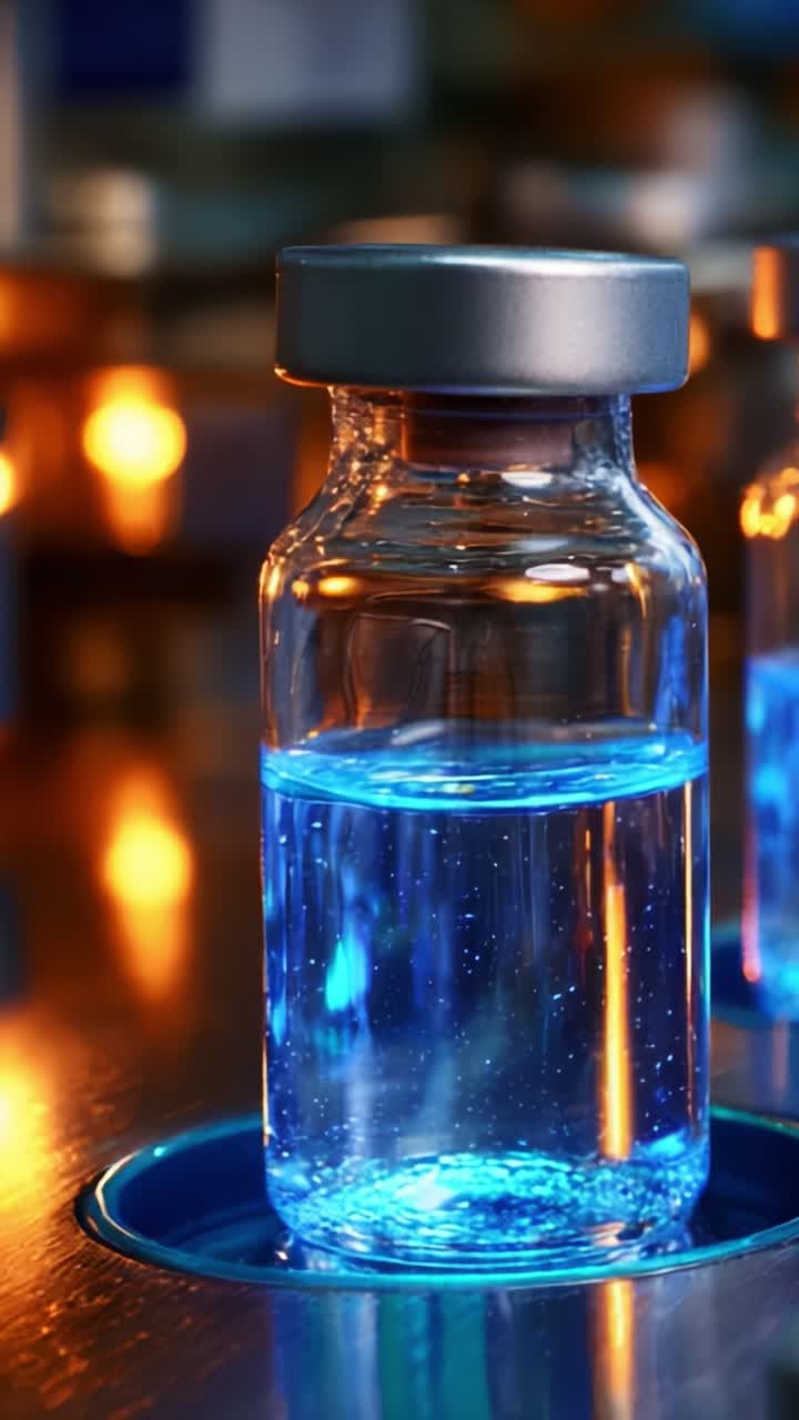 Close-up of medical vials filled with glowing blue liquid, highlighting reflections and lighting in a laboratory setting, capturing a sense of scientific exploration and innovation