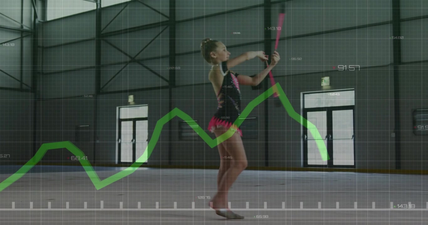 Child gymnast raising baton, crossing, pivoting right, data overlay tracking sports motion analysis
