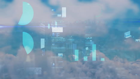 animación de números, procesamiento de datos y estadísticas sobre nubes y paisajes