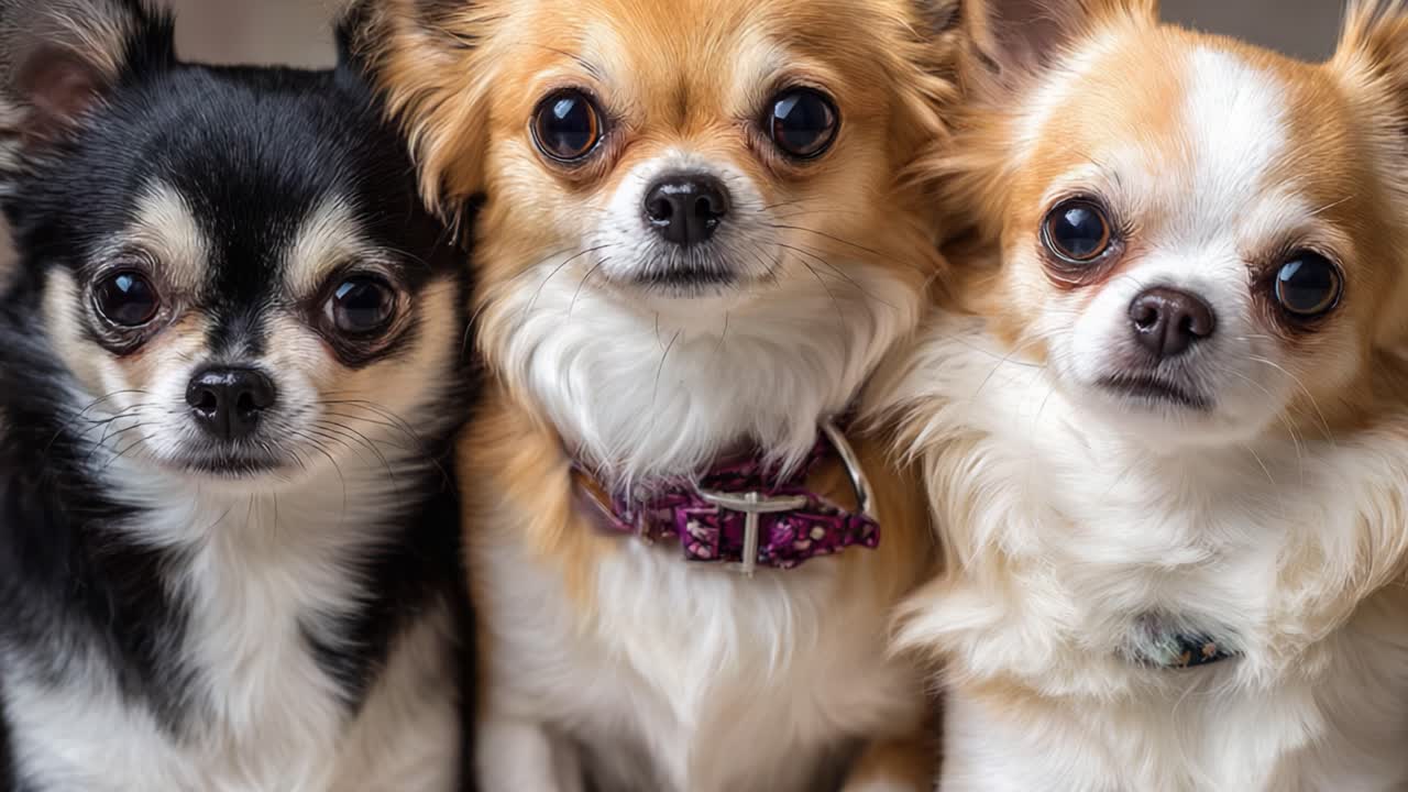 A Heartwarming Trio of Chihuahuas Posing Together, Showcasing Their Unique Personalities and Endearing Expressions in a Cozy Setting