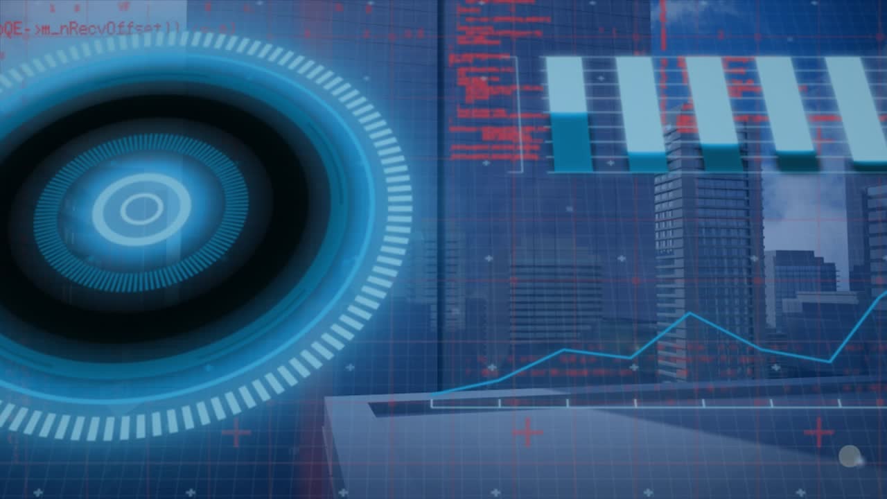 Animation of scope scanning and data processing over cityscape
