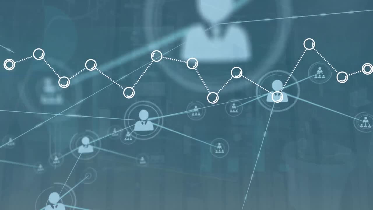 animación de gráficos con iconos conectados sobre un fondo abstracto