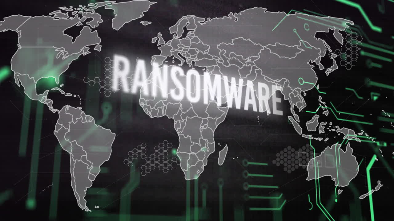 Animation of network of connections over world map and ransomware text