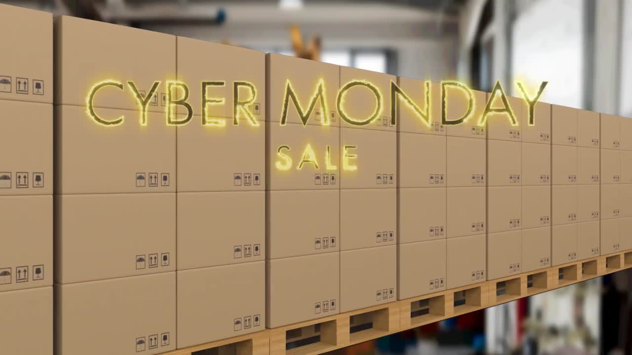 Animation of cyber monday sale text over cardboard boxes on conveyor belt
