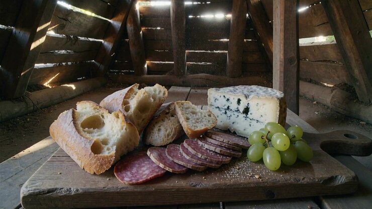 Falling bread slice landing on serving board at barn table, scattering crumbs by salami and cheese