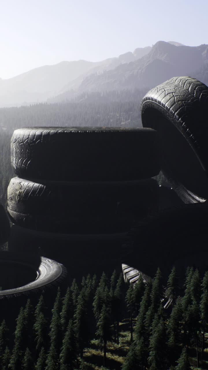Used tires stacked in a forest setting during late afternoon light