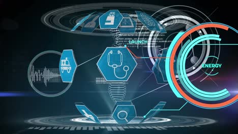 Globus-Medizinischer-Symbole,-Die-Sich-Vor-Der-Verarbeitung-Medizinischer-Daten-Auf-Schwarzem-Hintergrund-Drehen