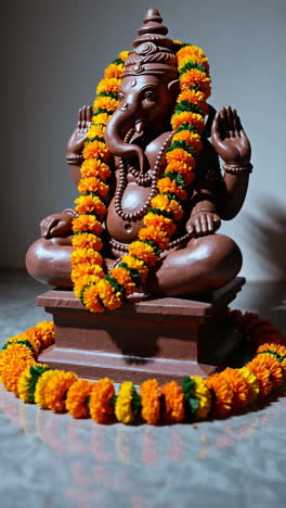 ganesh statue decorated with marigold garland