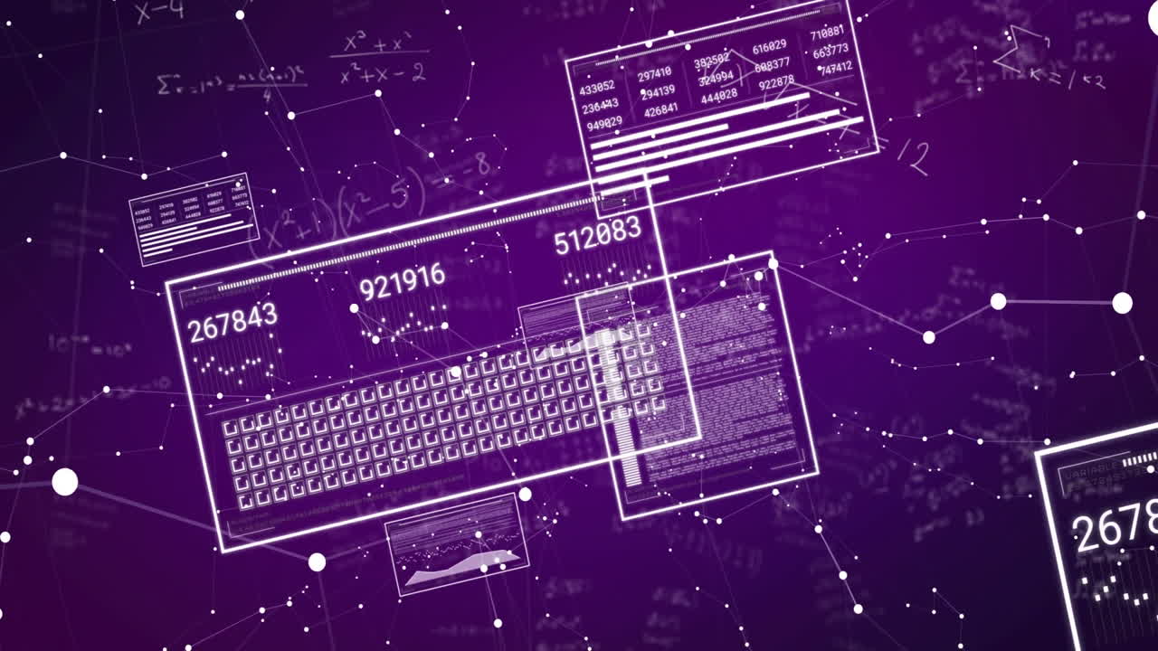 Animation of digital data and coding elements on purple background with network connections