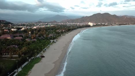 Wide-Aerial-Dolly-of-Coastline-of-Phan-Rang,-Vietnam