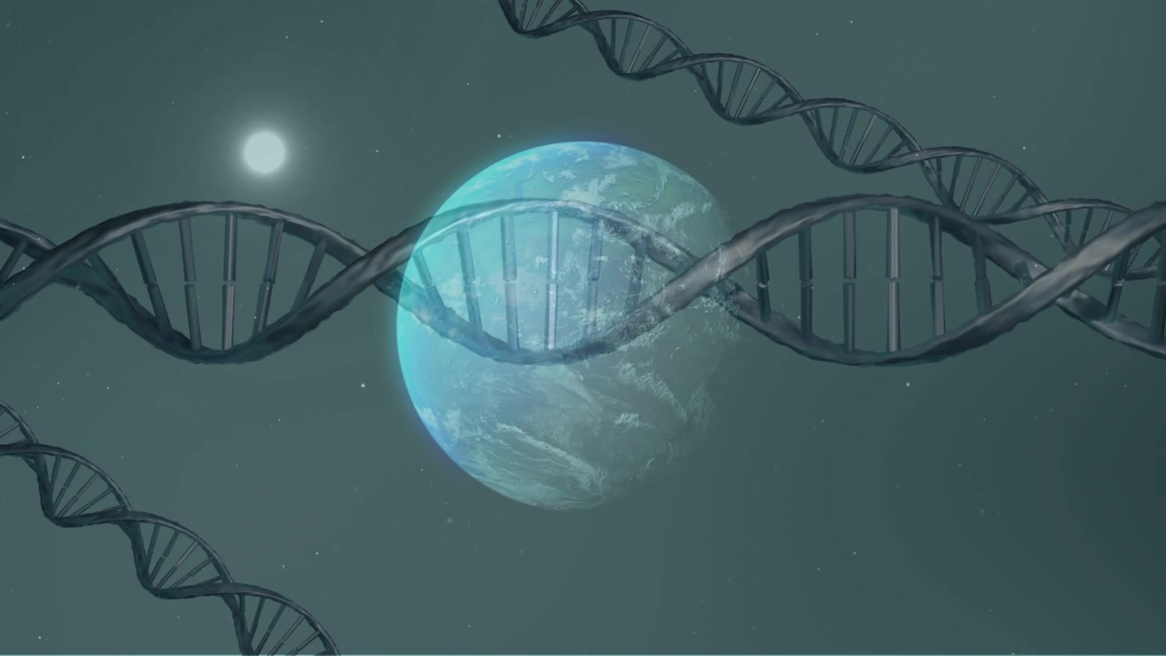 輝く惑星が開き、灰色のDNAらせんが降下し始め、横に漂いながら軌道に乗るように回転する。