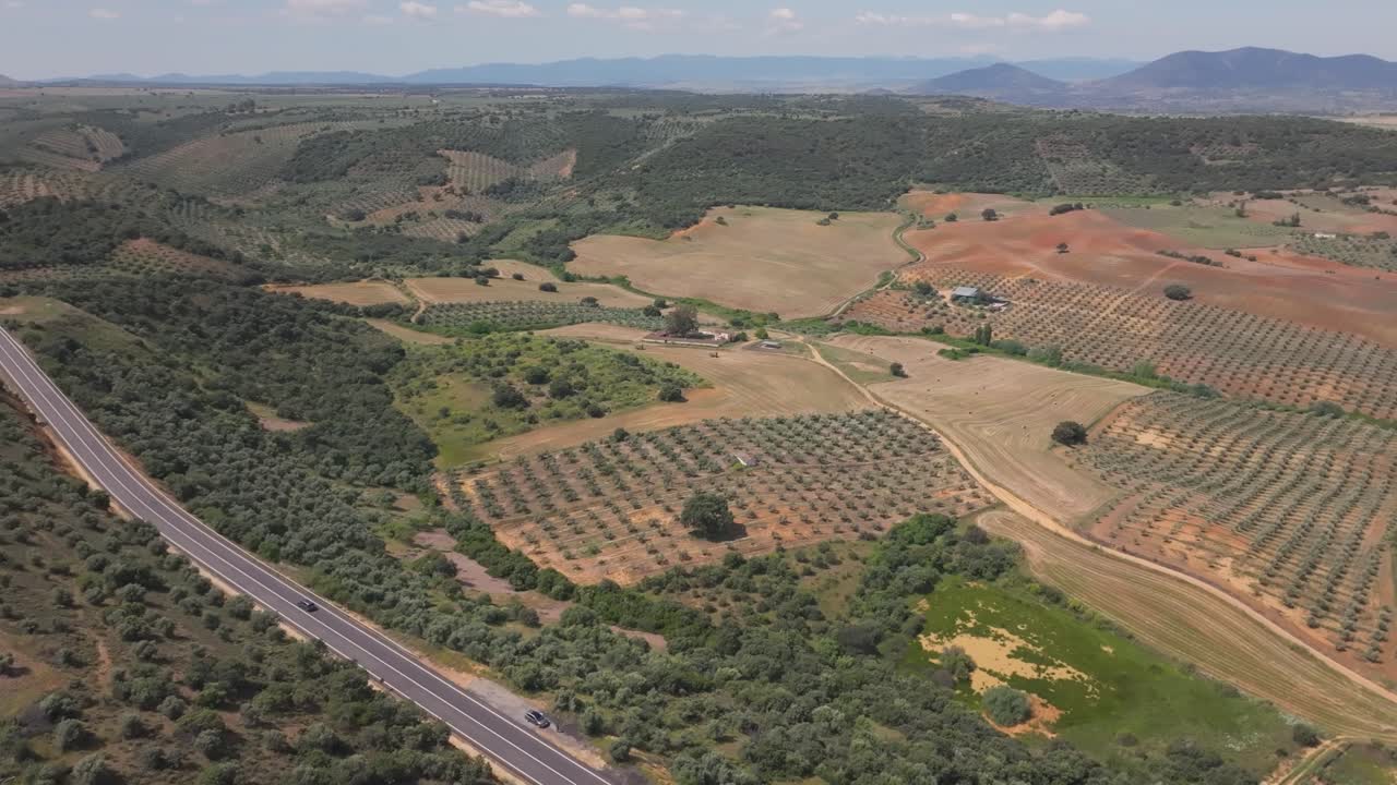 Slow motion drone shot follows a road through olive groves and farmland, revealing vivid patches of orange and green across cultivated terrain with beautiful natural color contrasts and textures