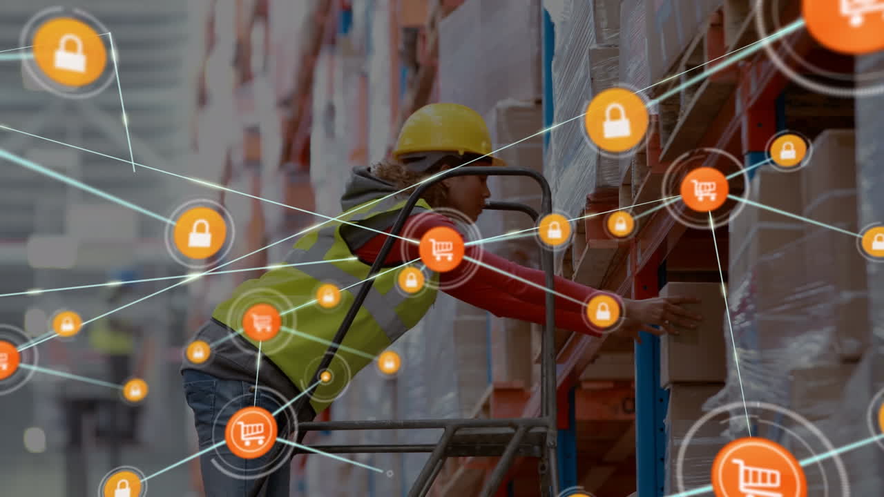 animación de la red de conexiones sobre la trabajadora biracial en el almacén