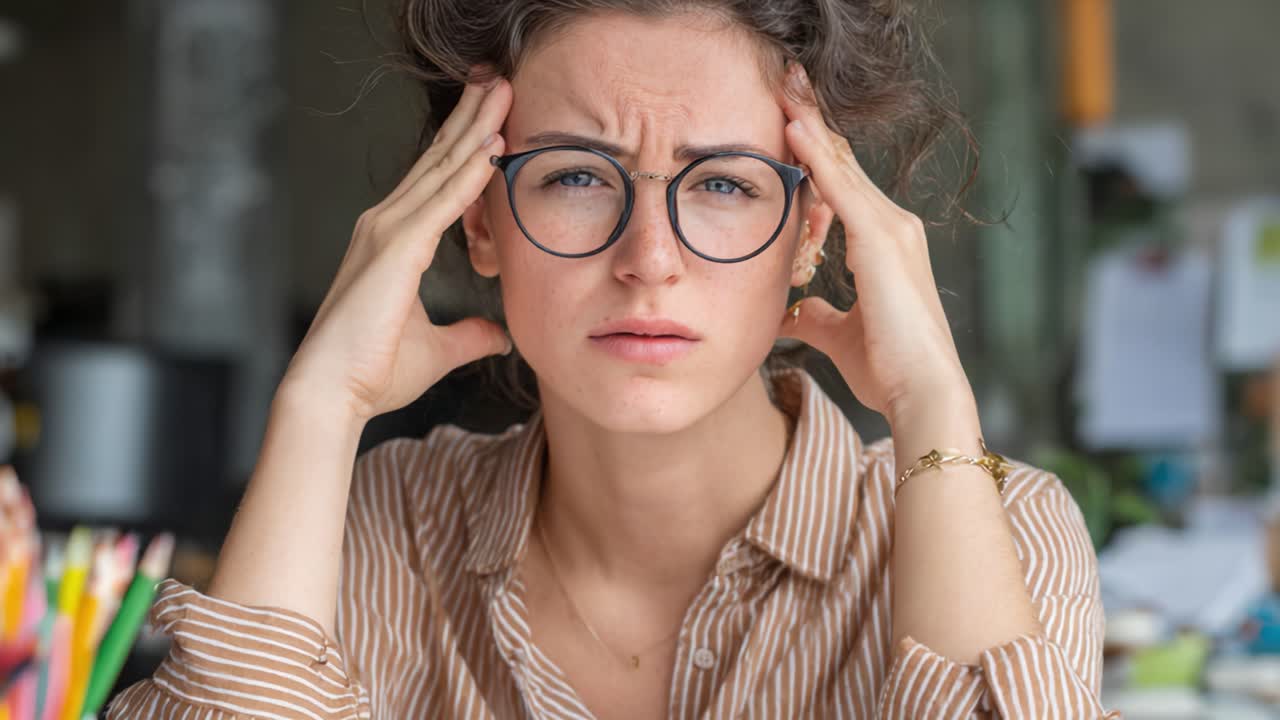 A Young Woman Struggling with Stress, Depicted in Two Frames as She Experiences Overwhelm and Fatigue While Working in a Busy Environment Filled with Colorful Supplies