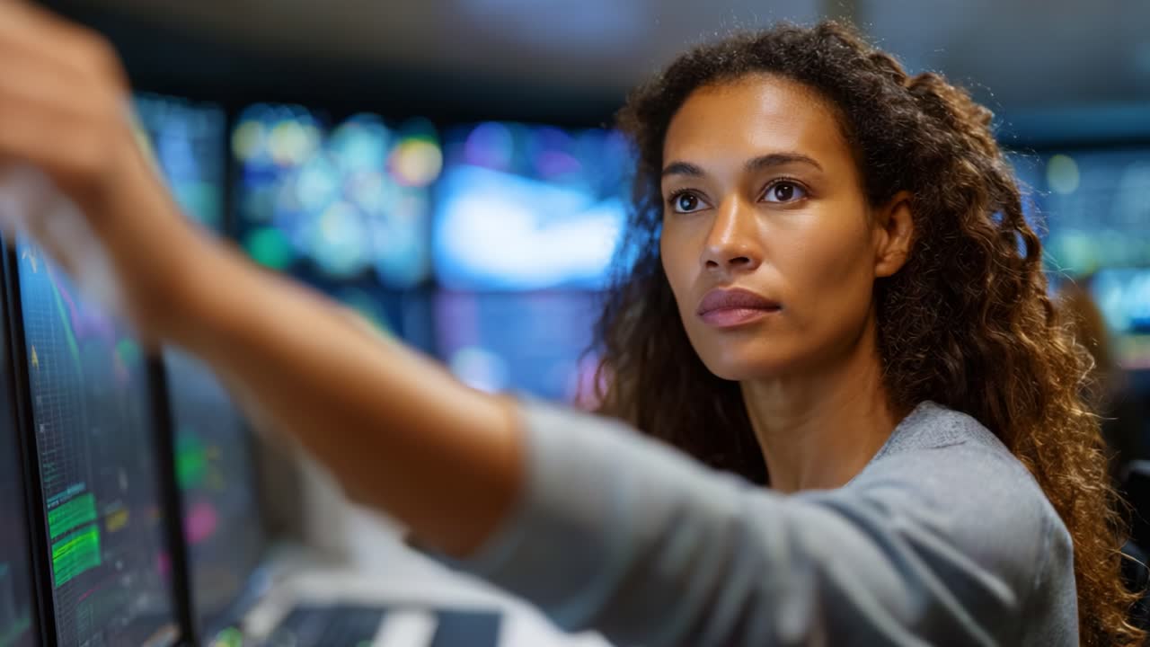Professionista concentrato analizza visualizzazioni di dati in un ambiente di control room, interagendo con più schermi mentre sfrutta tecnologia avanzata e approfondimenti
