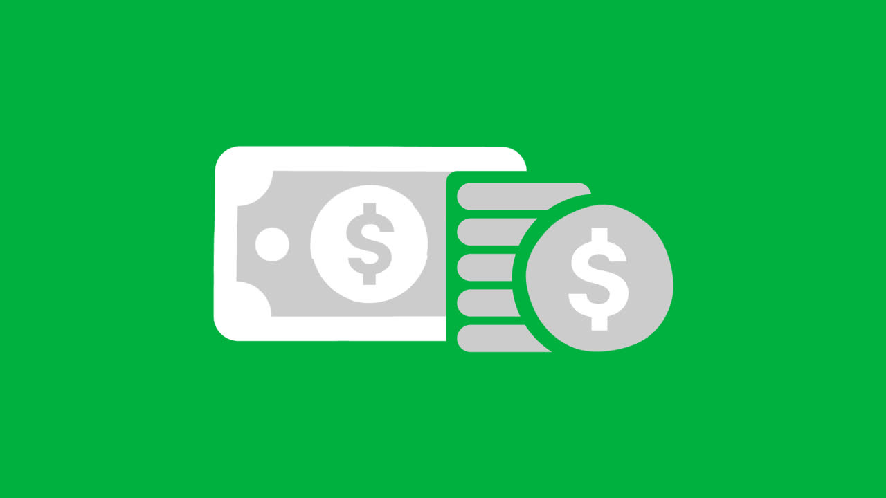 Animated Dollar Bill and Coins Icon on Green Screen