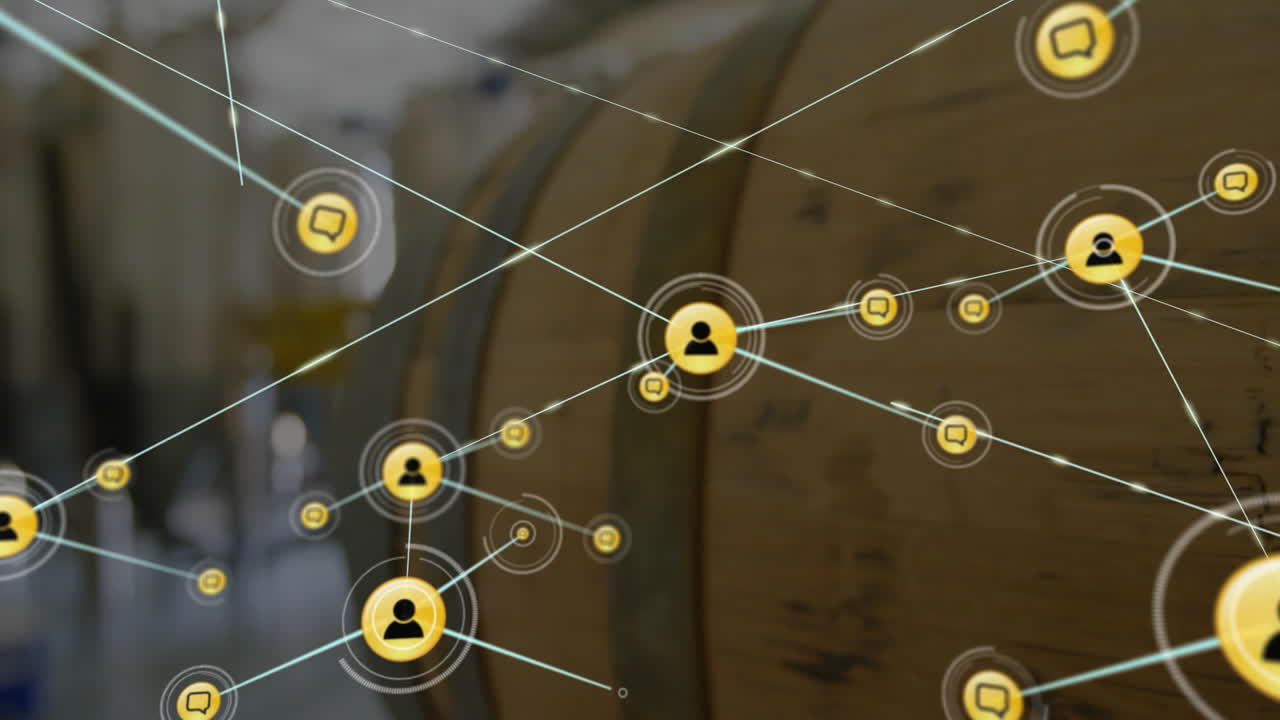 Animazione di rete di connessioni ed elaborazione dati su sfondo di botte di legno.
