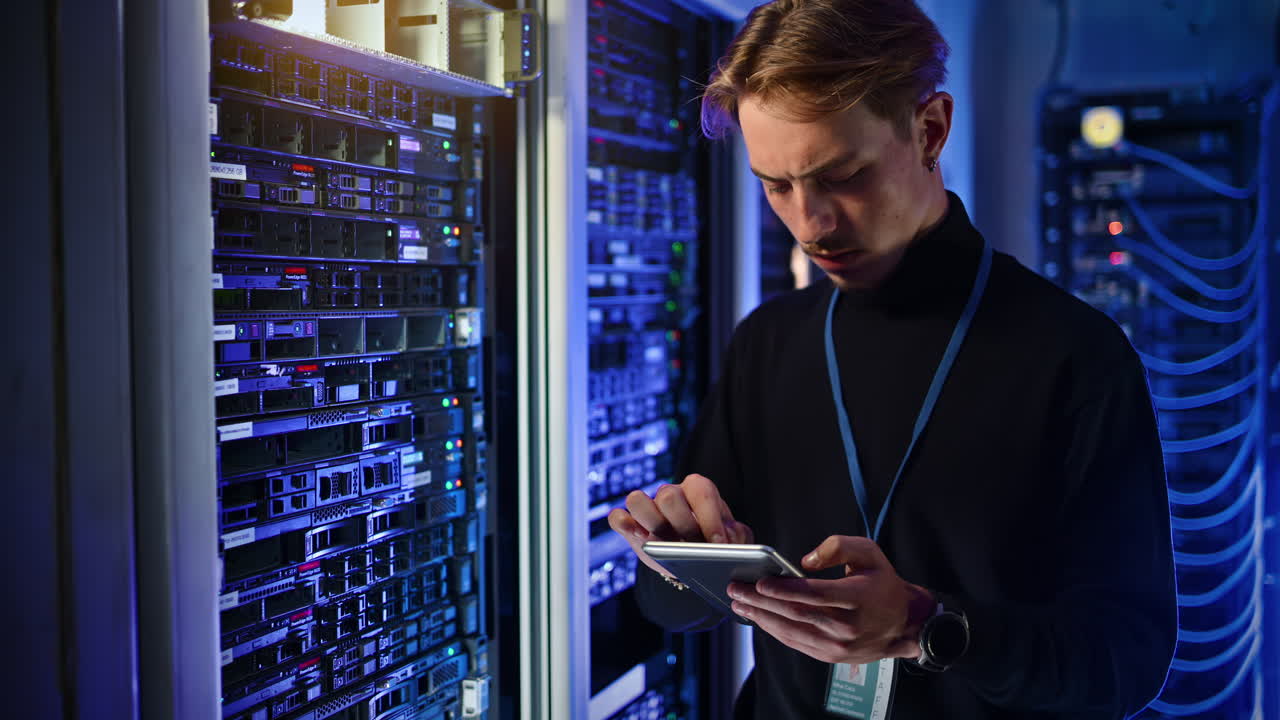 Man analysing data in a server room