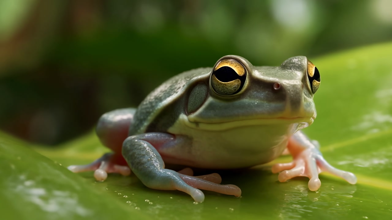 Closeup Green Tree Frog On Leaf Showing Wet Skin, Golden Eyes, Pink Toes, Shallow Depth Of Field, Soft Bokeh