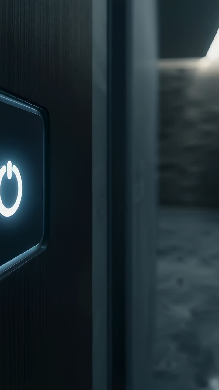 Vertical video: Panning shot showing power icon on wood door, dimming to reveal passage, copy space