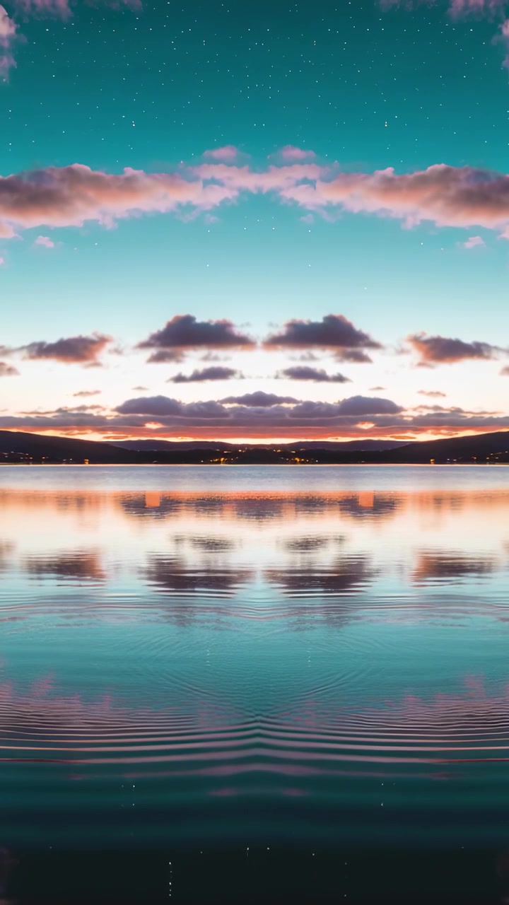 Vertical video: Light breeze stirring rippling lake surface at twilight, pink clouds reflecting