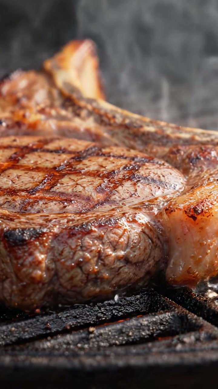 Sizzling Steak on the Grill: A Captivating Close-Up of a Juicy Cut Being Cooked to Perfection, Showcasing the Mouthwatering Char and Flavorful Juices Emanating from the Fire