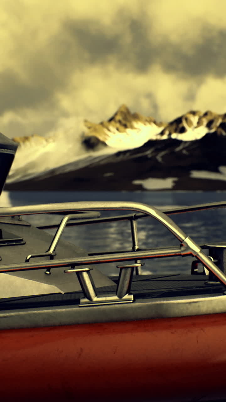 Rescue boat positioned on calm waters near snow capped mountains