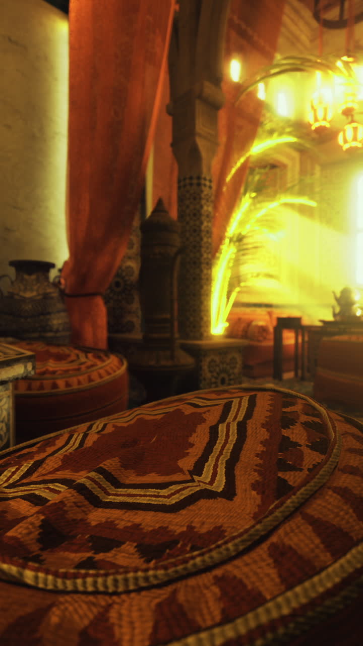 Exotic interior with vibrant colors and intricate patterns in a warm light