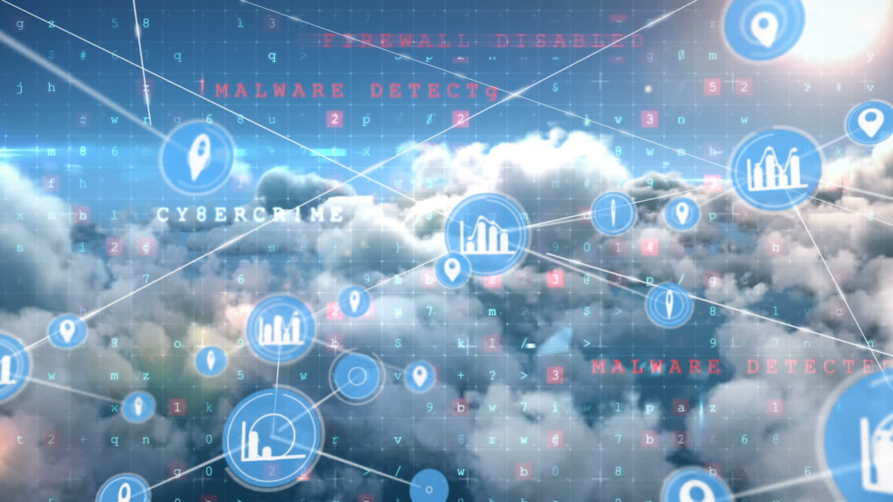 사이버 공격 경고의 애니메이션, 구름이 있는 하늘 위의 아이콘과 연결 네트워크