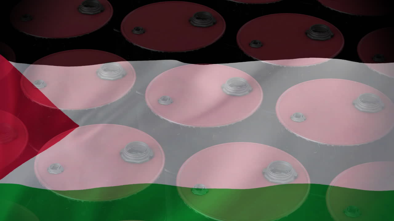 animación de barriles de petróleo sobre la bandera de palestina