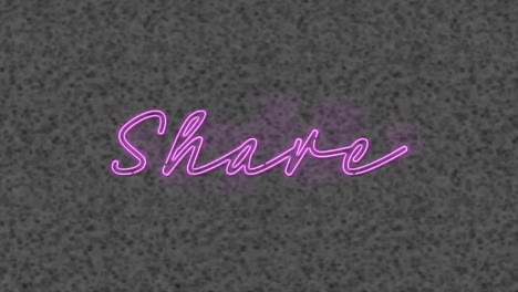 Animation-of-purple-neon-text,-share,-on-grey-textured-background