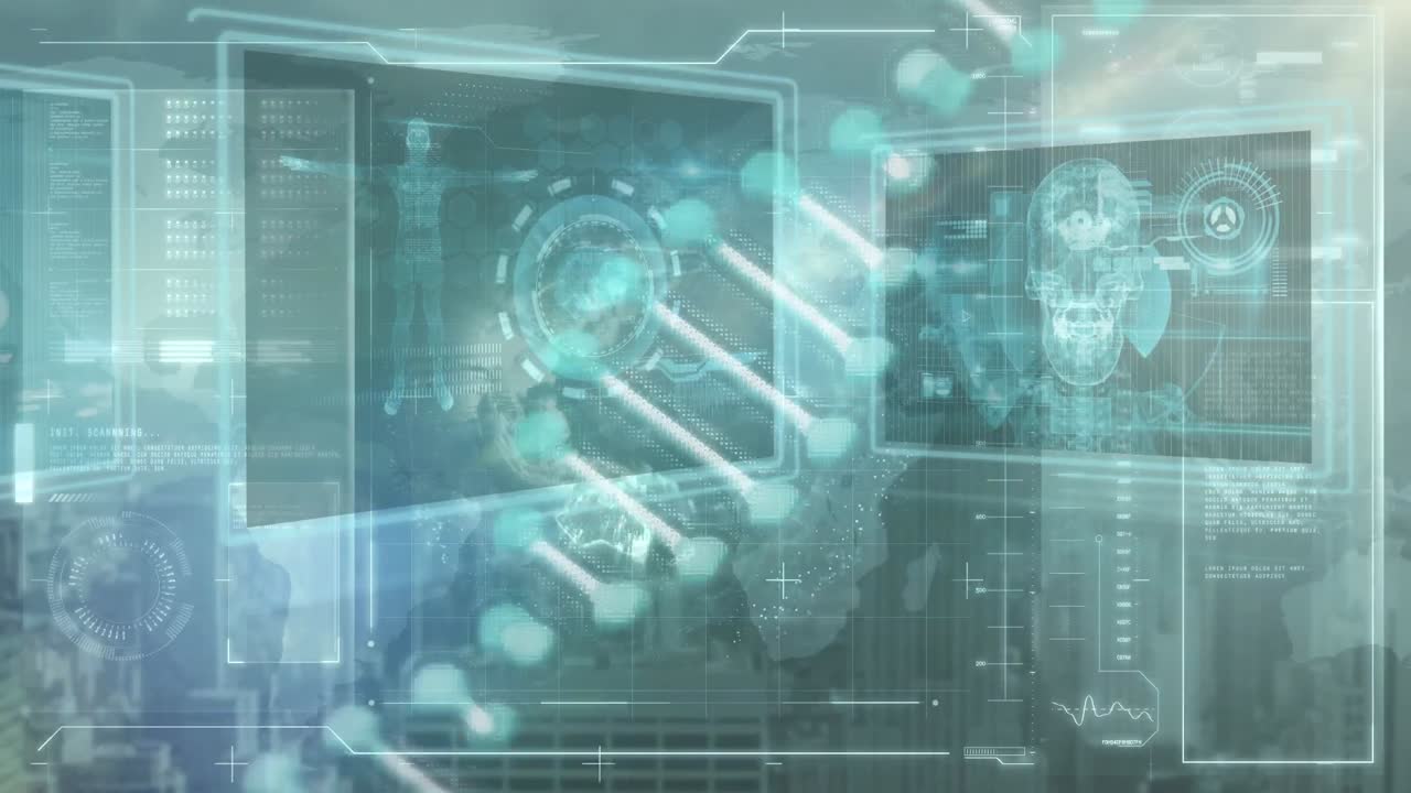 animación de una cadena de adn giratoria sobre el procesamiento de datos en pantallas