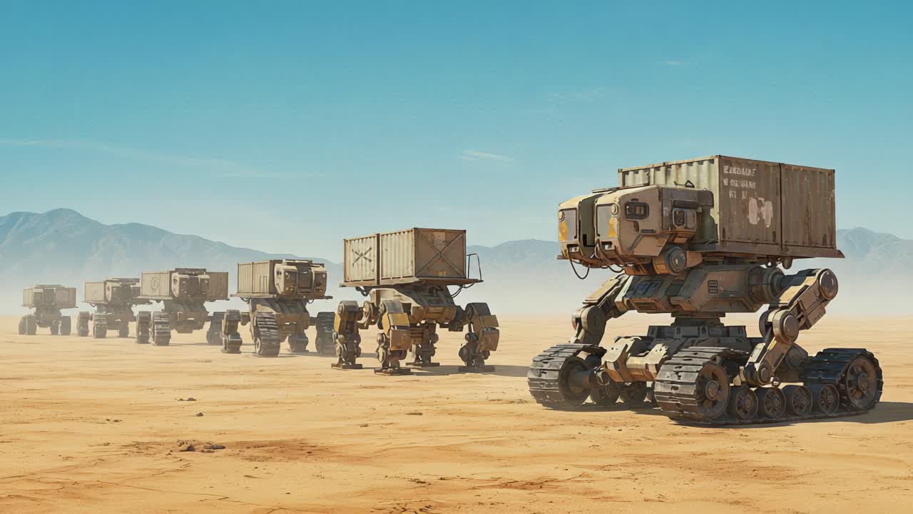 A convoy of advanced robotic vehicles traverses an expansive desert landscape, showcasing futuristic design and cargo capabilities in a rugged environment