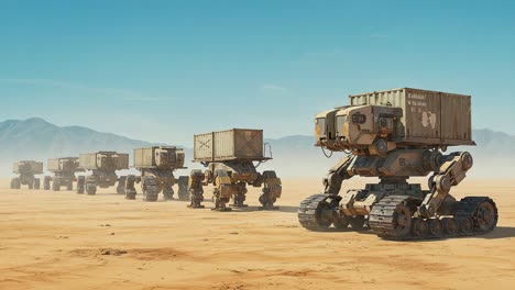 a convoy of advanced robotic vehicles traverses an expansive desert landscape, showcasing futuristic design and cargo capabilities in a rugged environment