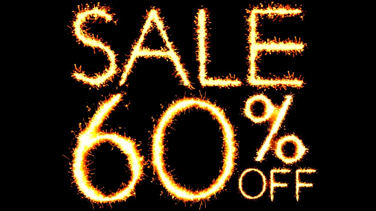 60% de descuento en el texto, el brillo, las chispas, la animación del bucle de fuegos artificiales.