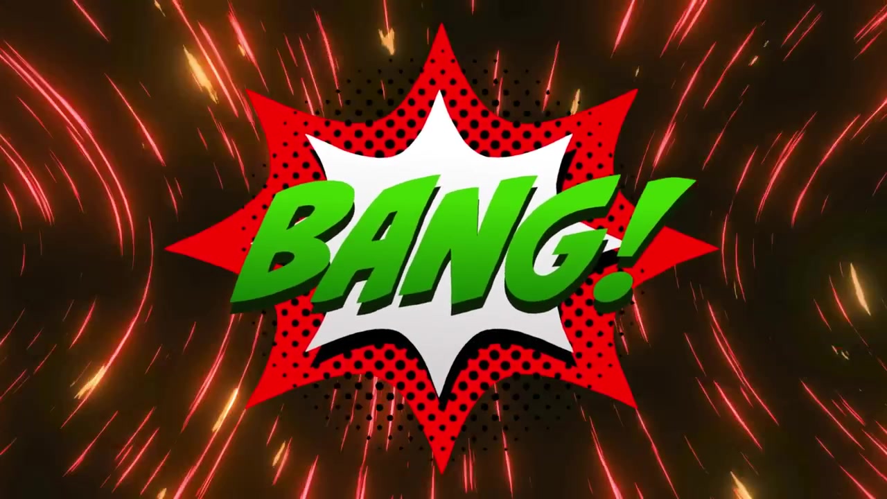 Animaatio punaisista valojuovista "bang"-tekstin päällä.