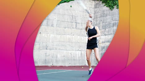 female athlete swinging racket on urban court, showcasing health data with animated gradient frames