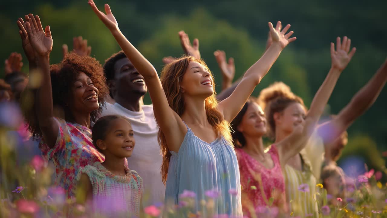Diverse group of people celebrating in a field of flowers