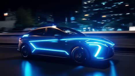 futuristic car driving through city at night