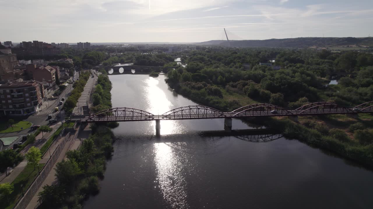 Aerial: Puente Reina Sof&iacute;a, Talavera de la Reina, spain, spanning a serene river