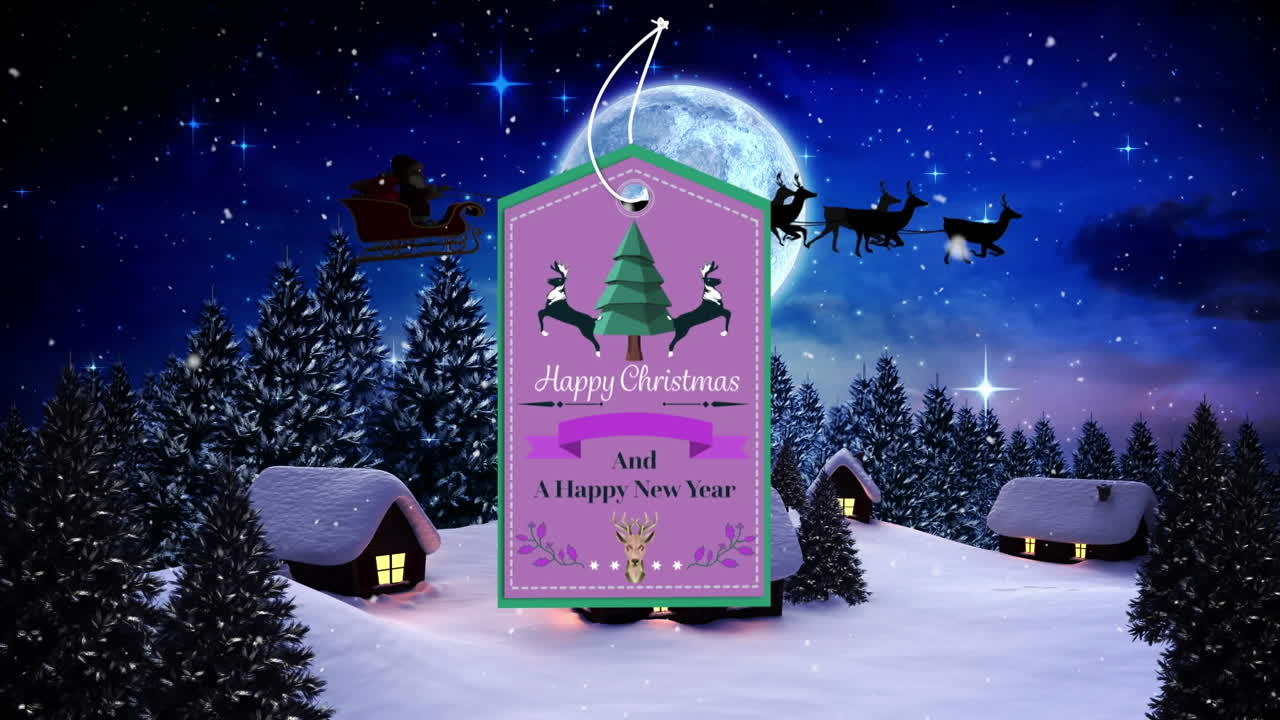 크리스마스 축하와 새해 문자 배너가 겨울 풍경 위에 떨어지는 눈송이에 매달려 있습니다.