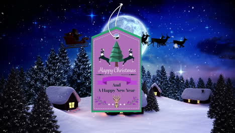 happy christmas and new year text banner hanging against snowflakes falling over winter landscape